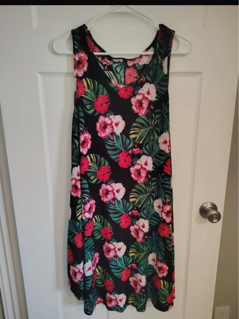 Tropical Floral Midi Dress with Pink & Red Blossoms